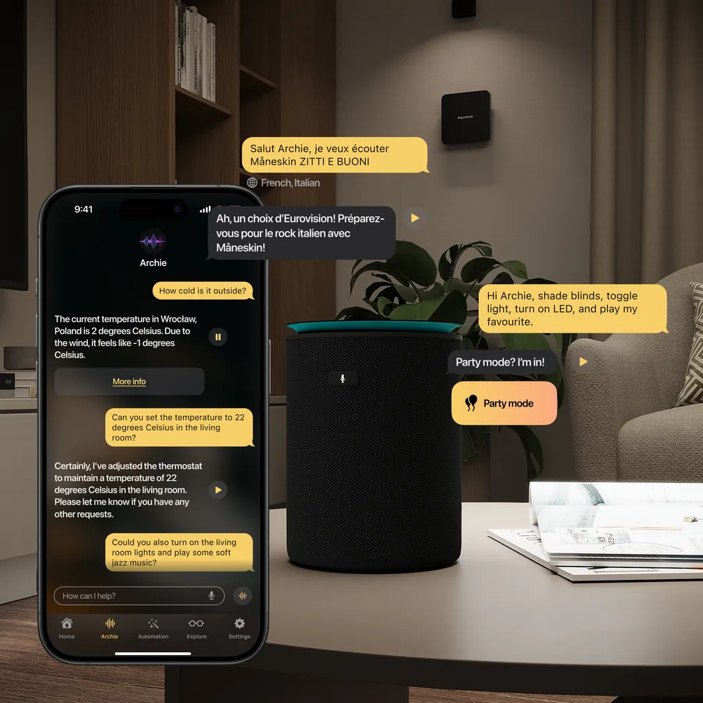 Demonstration of the Archie voice assistant in the MajorDom mobile application against the backdrop of the MajorDom Audio smart speaker and the MajorDom Hub.