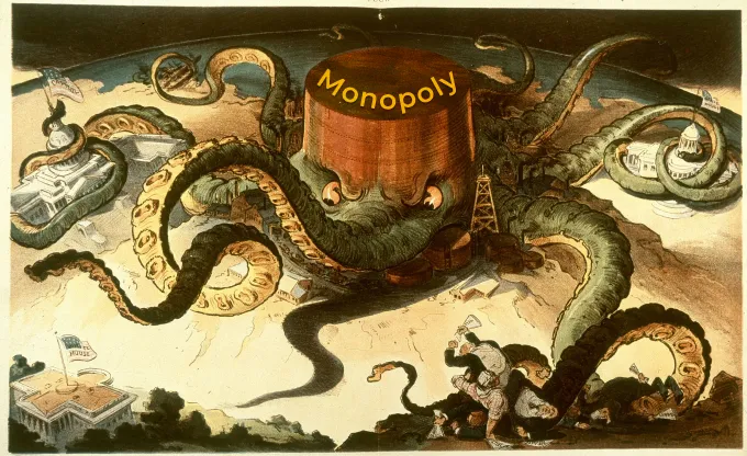 Monopoly octopus (standard oil reference); Political cartoon showing a monopoly as an octopus with many tentacles wrapped around the steel, copper, and shipping industries, as well as a state house, the U.S. Capitol, and one tentacle reaching for the White House.